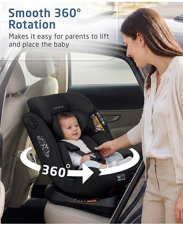 Babyhug Convertible 2 in 1 Car Seat with Isofix & Non Isofix, 360° Rotatable Seat - Grey| R129 Certified| i-Size Compliant| Rear & Forward Facing| Newborn to 12 Years| Reclining Seat| Cushion Seat