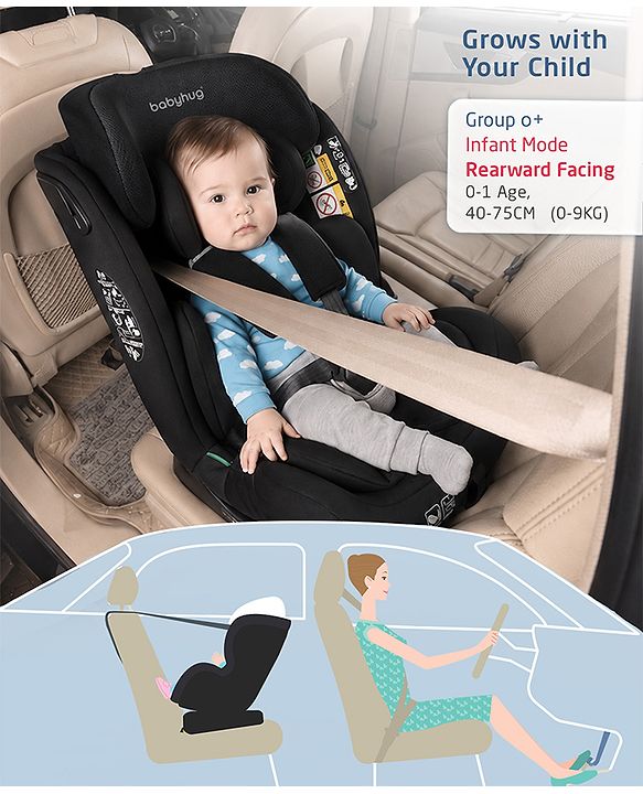 Babyhug Convertible 2 in 1 Car Seat with Isofix & Non Isofix, 360° Rotatable Seat - Grey| R129 Certified| i-Size Compliant| Rear & Forward Facing| Newborn to 12 Years| Reclining Seat| Cushion Seat
