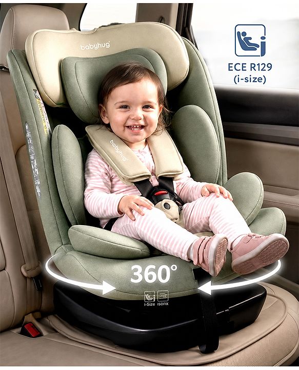 Babyhug Convertible 2 in 1 Car Seat with Isofix & Non Isofix, 360° Rotatable Seat - Grey| R129 Certified| i-Size Compliant| Rear & Forward Facing| Newborn to 12 Years| Reclining Seat| Cushion Seat