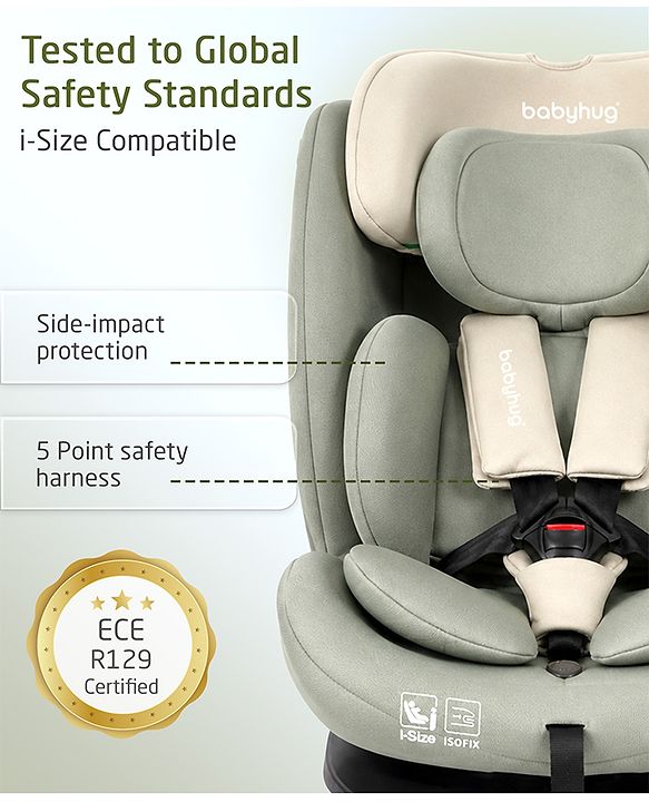 Babyhug Convertible 2 in 1 Car Seat with Isofix & Non Isofix, 360° Rotatable Seat - Grey| R129 Certified| i-Size Compliant| Rear & Forward Facing| Newborn to 12 Years| Reclining Seat| Cushion Seat