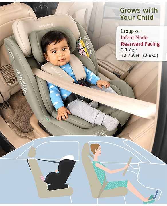 Babyhug Convertible 2 in 1 Car Seat with Isofix & Non Isofix, 360° Rotatable Seat - Grey| R129 Certified| i-Size Compliant| Rear & Forward Facing| Newborn to 12 Years| Reclining Seat| Cushion Seat