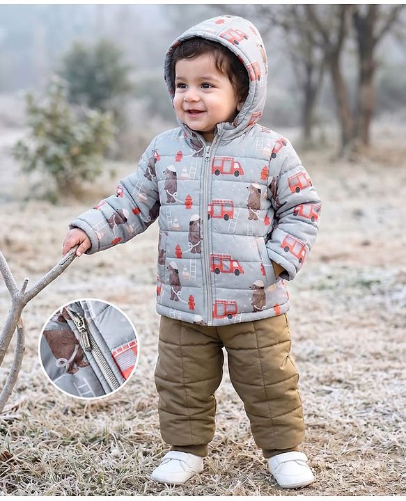 Babyhug Woven Jacket and Pant with Full Sleeves and Bear Print in Grey for 0-1 Month