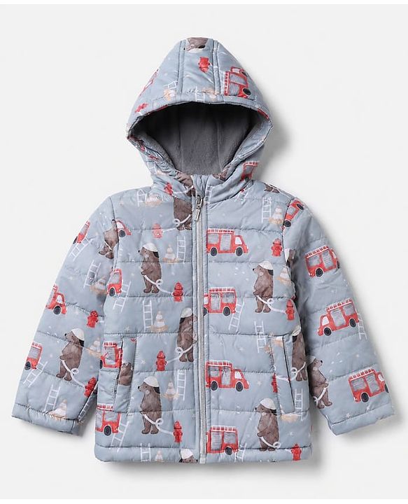 Babyhug Woven Jacket and Pant with Full Sleeves and Bear Print in Grey for 0-1 Month
