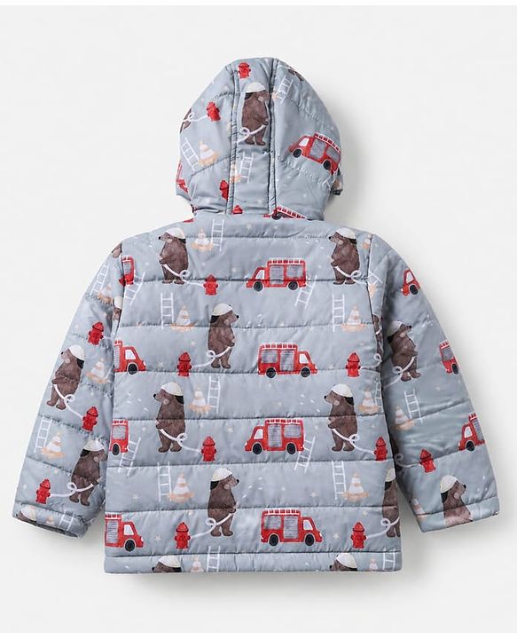 Babyhug Woven Jacket and Pant with Full Sleeves and Bear Print in Grey for 0-1 Month