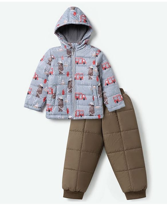 Babyhug Woven Jacket and Pant with Full Sleeves and Bear Print in Grey for 0-1 Month