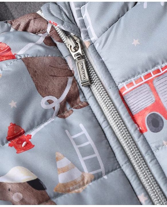 Babyhug Woven Jacket and Pant with Full Sleeves and Bear Print in Grey for 0-1 Month