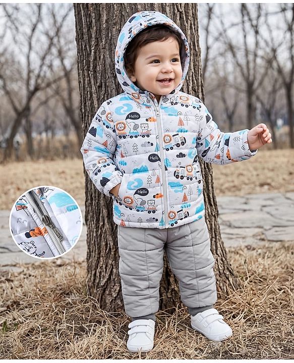Babyhug Woven Full Jacket and Pant with Full Sleeves and Train Print in Grey for 0-1 Month