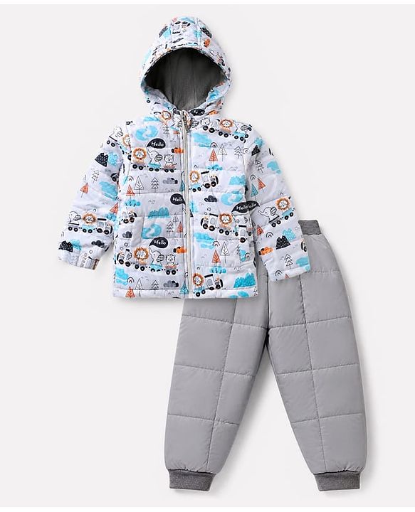 Babyhug Woven Full Jacket and Pant with Full Sleeves and Train Print in Grey for 0-1 Month