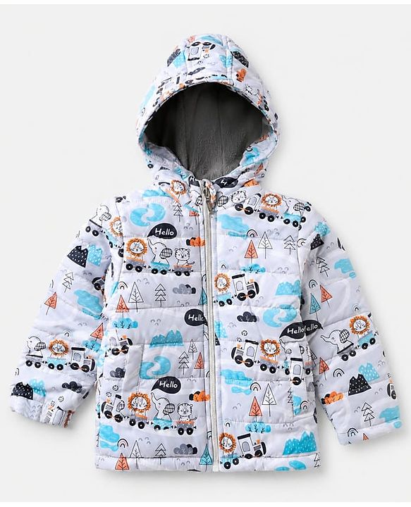 Babyhug Woven Full Jacket and Pant with Full Sleeves and Train Print in Grey for 0-1 Month