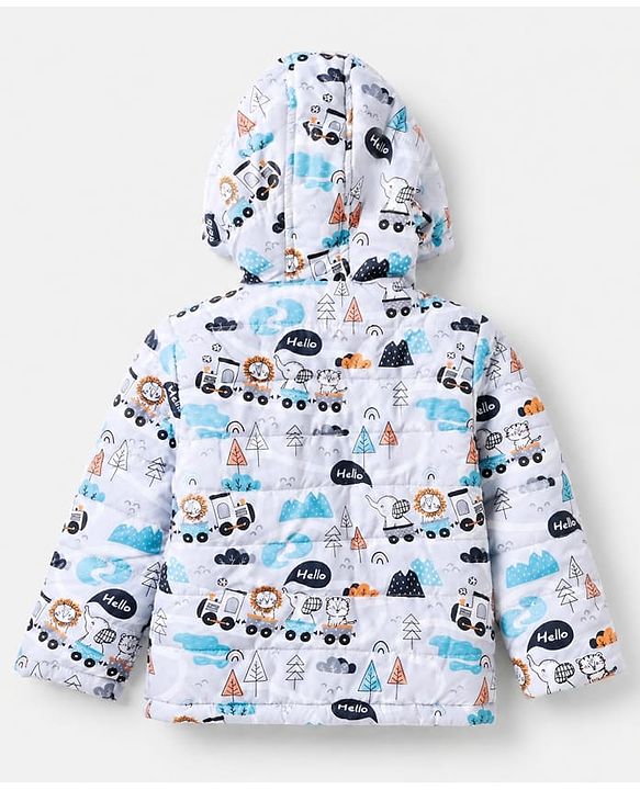 Babyhug Woven Full Jacket and Pant with Full Sleeves and Train Print in Grey for 0-1 Month