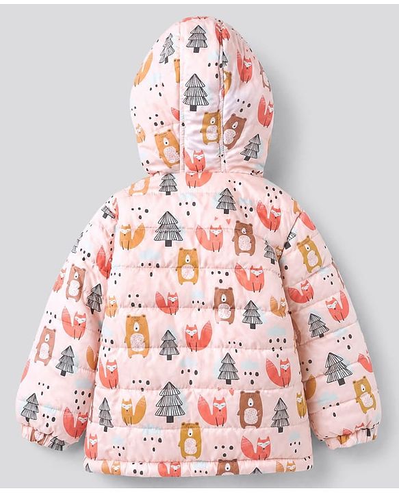 Babyhug Woven Full Sleeves Hooded Winter Wear Suit With Animal Print - Peach