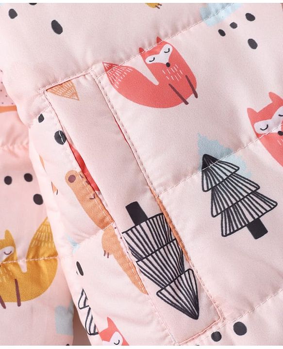 Babyhug Woven Full Sleeves Hooded Winter Wear Suit With Animal Print - Peach