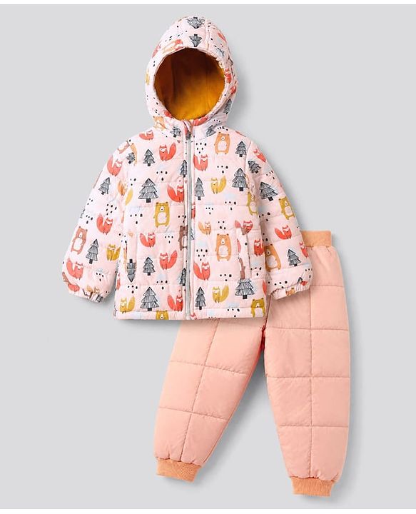 Babyhug Woven Full Sleeves Hooded Winter Wear Suit With Animal Print - Peach