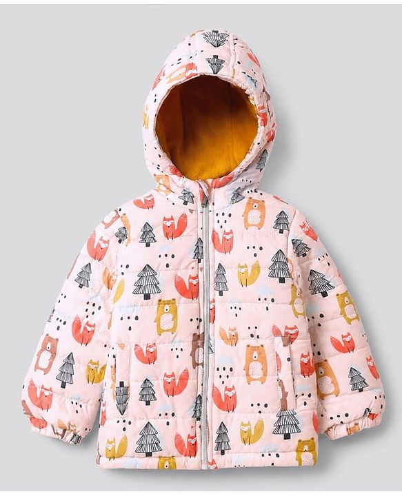 Babyhug Woven Full Sleeves Hooded Winter Wear Suit With Animal Print - Peach