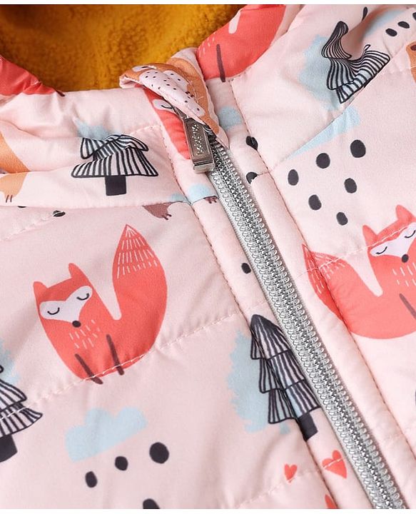 Babyhug Woven Full Sleeves Hooded Winter Wear Suit With Animal Print - Peach