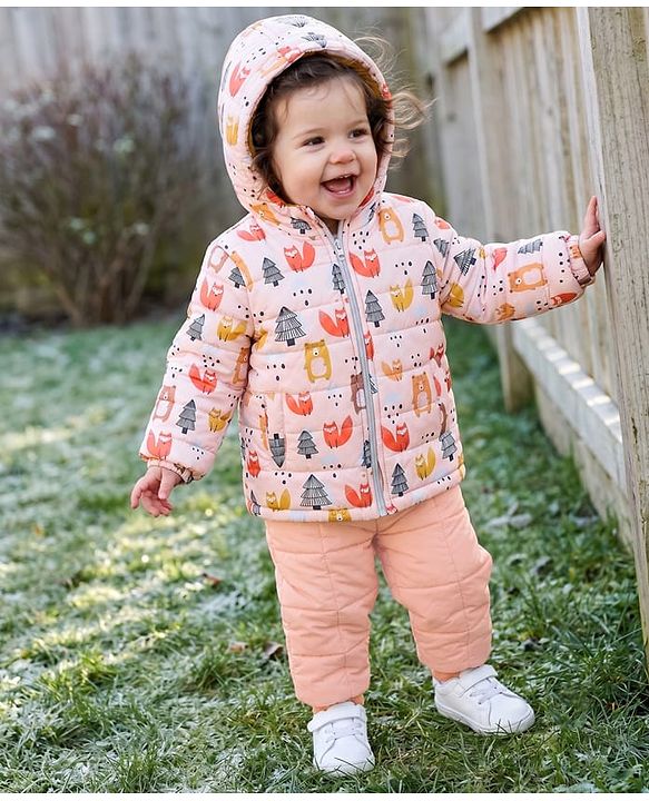 Babyhug Woven Full Sleeves Hooded Winter Wear Suit With Animal Print - Peach