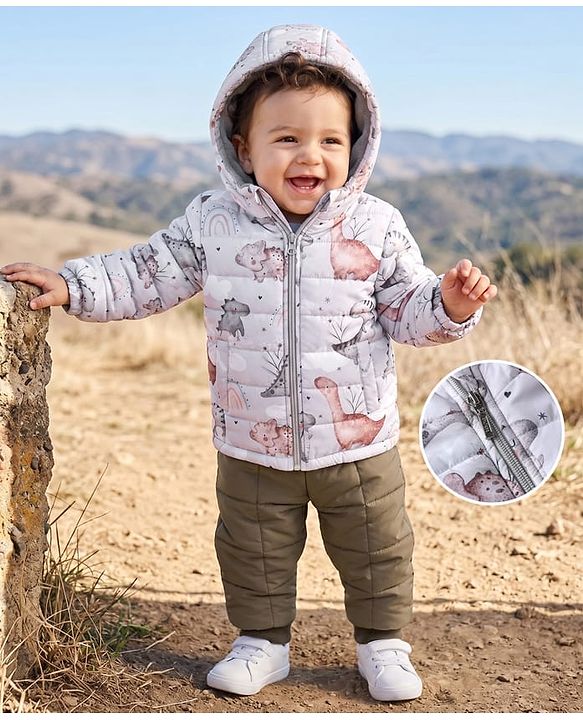 Babyhug Woven Jacket and Pant with Full Sleeves and Dinosaur Print in Beige for 6-9 Months