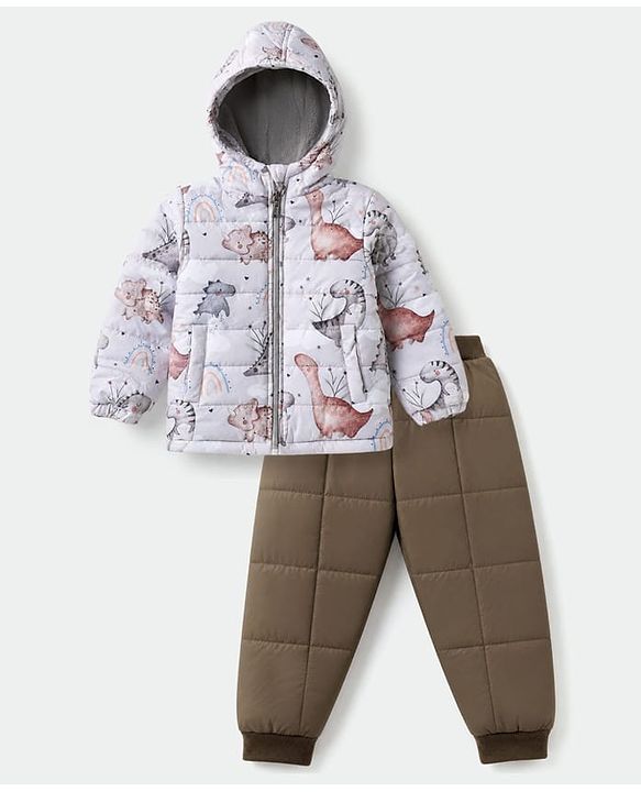 Babyhug Woven Jacket and Pant with Full Sleeves and Dinosaur Print in Beige for 6-9 Months