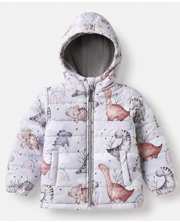 Babyhug Woven Jacket and Pant with Full Sleeves and Dinosaur Print in Beige for 6-9 Months