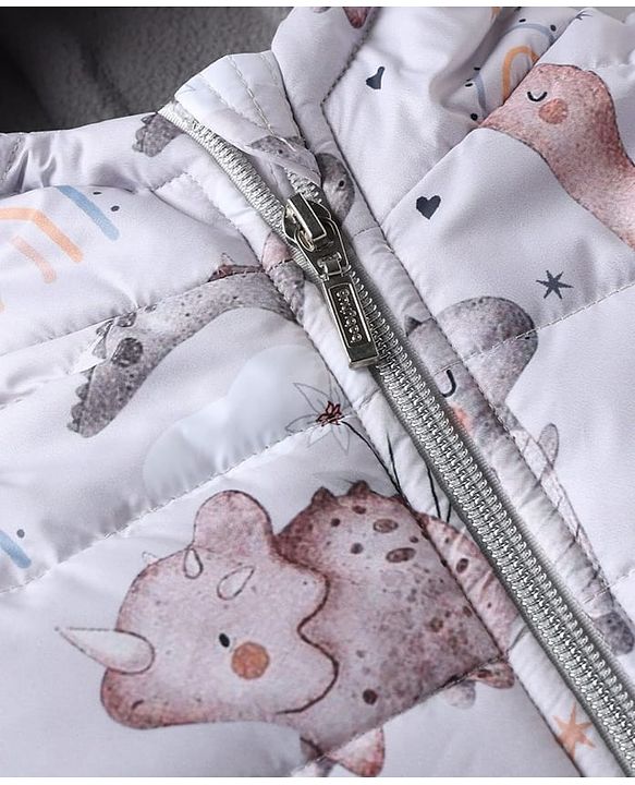 Babyhug Woven Jacket and Pant with Full Sleeves and Dinosaur Print in Beige for 6-9 Months