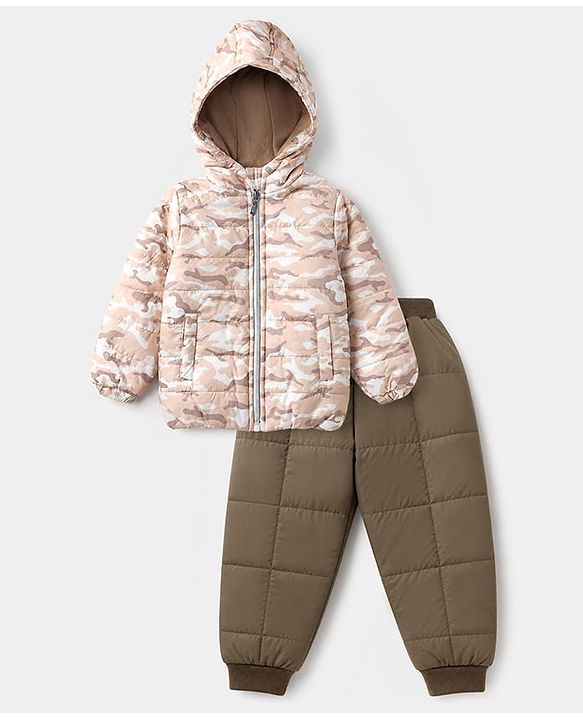 Babyhug Woven Jacket and Pant with Full Sleeves and Camouflage Print in Brown for 0-1 Month