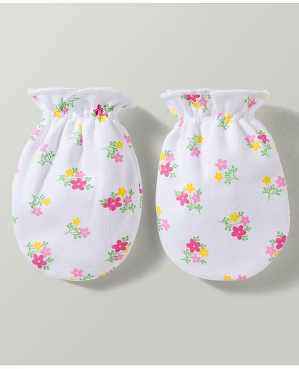 Babyhug 100% Cotton Interlock Knit Cap Mittens & Booties With Floral Print Multicolor - Diameter 17.5 cm