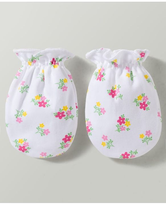Babyhug 100% Cotton Interlock Knit Cap Mittens & Booties With Floral Print Multicolor - Diameter 17.5 cm