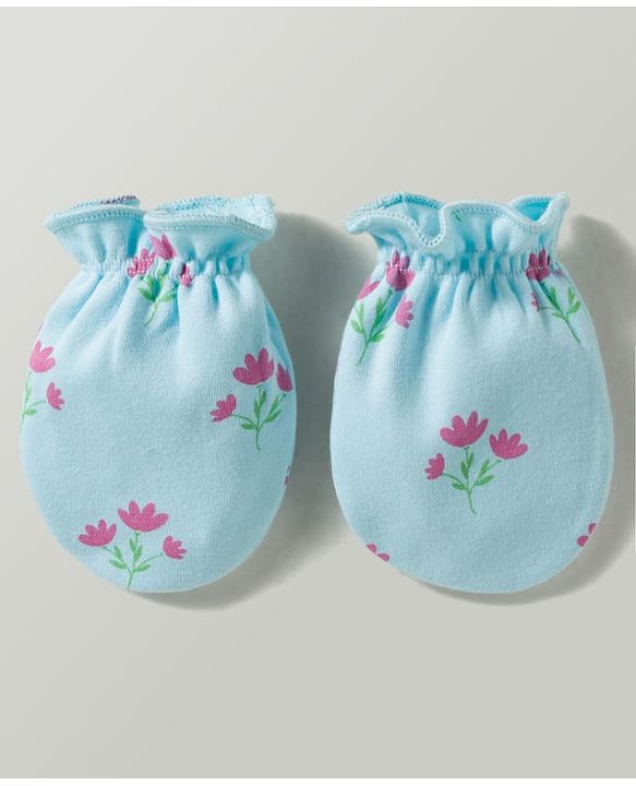 Babyhug 100% Cotton Interlock Knit Mittens & Booties With Floral Print - Multicolor