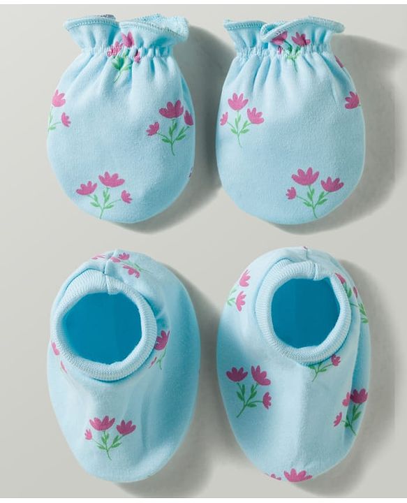 Babyhug 100% Cotton Interlock Knit Mittens & Booties With Floral Print - Multicolor