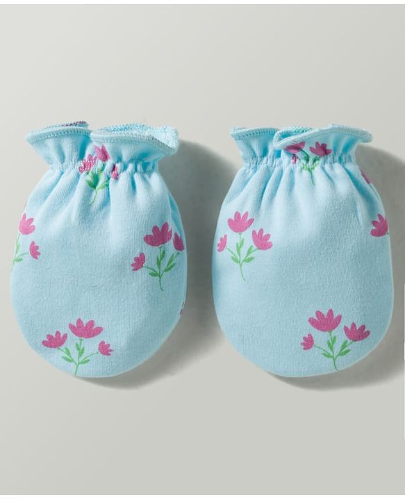 Babyhug 100% Cotton Interlock Knit Mittens & Booties With Floral Print - Multicolor