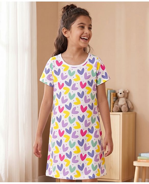 Pine Kids Single Jersey Knit Half Sleeves Nighty With Heart Print - White