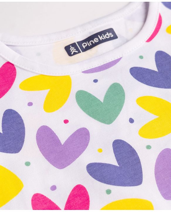 Pine Kids Single Jersey Knit Half Sleeves Nighty With Heart Print - White