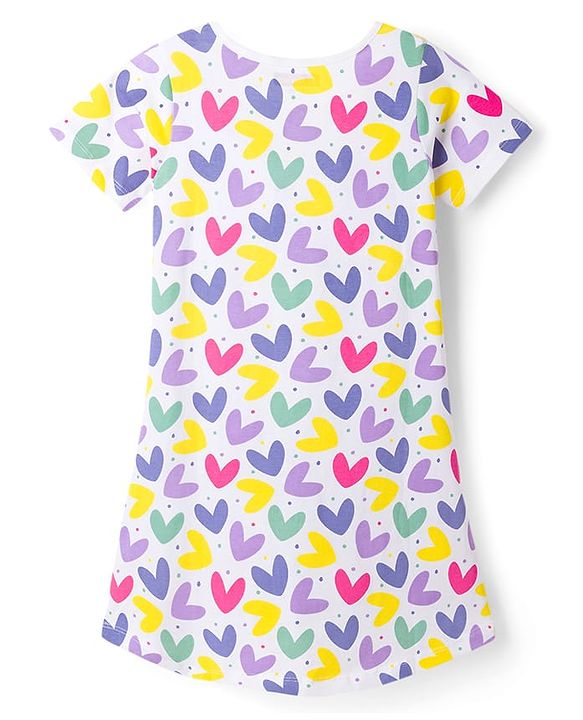 Pine Kids Single Jersey Knit Half Sleeves Nighty With Heart Print - White