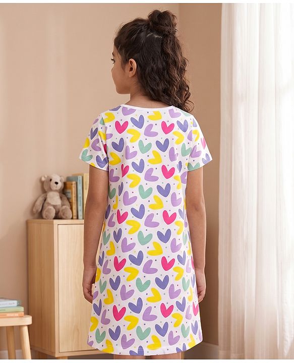 Pine Kids Single Jersey Knit Half Sleeves Nighty With Heart Print - White