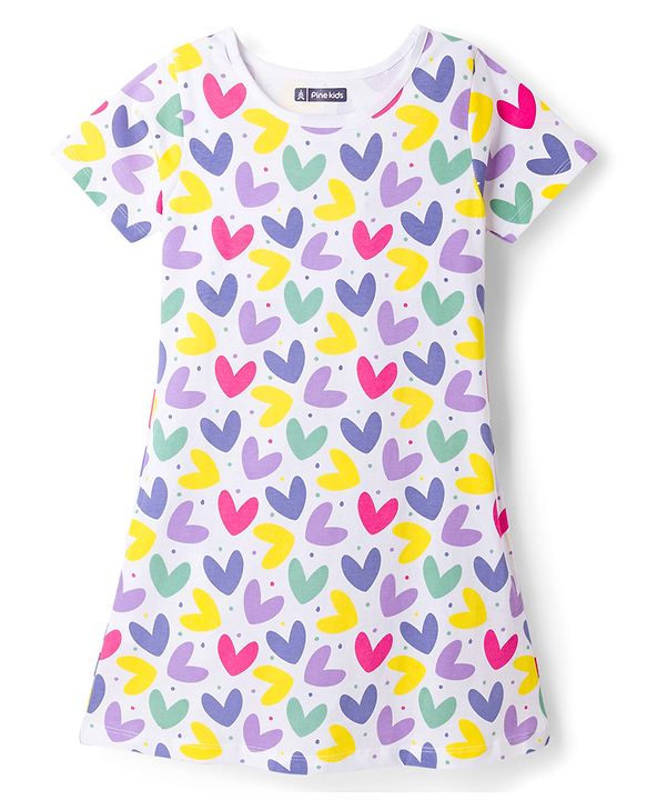 Pine Kids Single Jersey Knit Half Sleeves Nighty With Heart Print - White