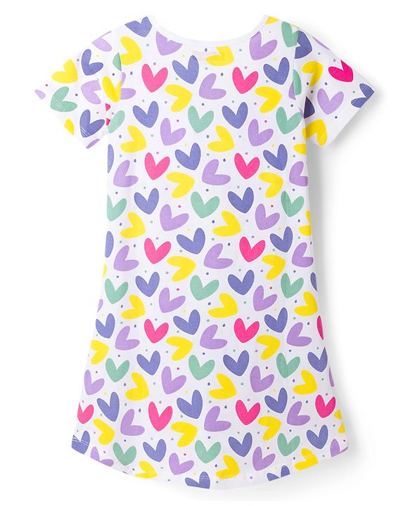 Pine Kids Single Jersey Knit Half Sleeves Nighty With Heart Print - White