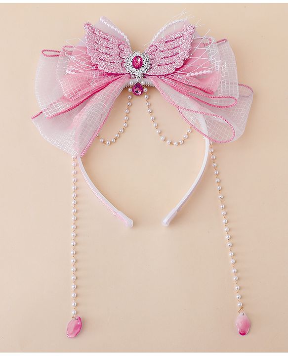 Babyhug Free Size Hair Bands With Pearl Detailing Bow Applique - Pink
