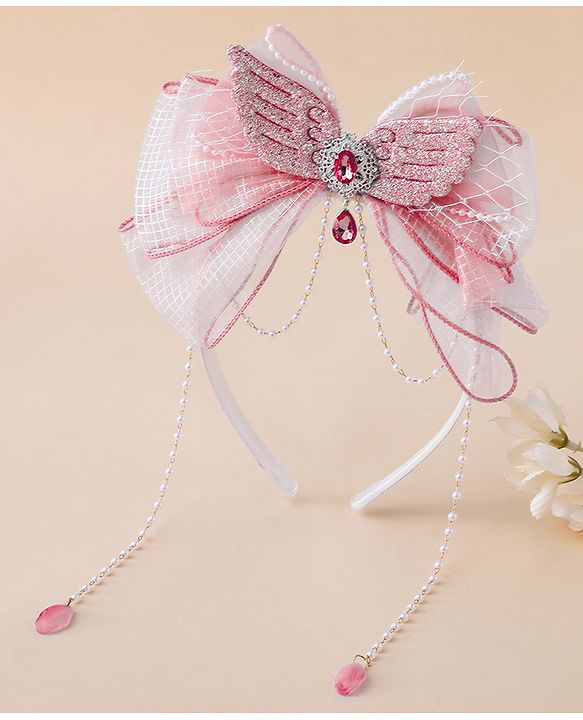 Babyhug Free Size Hair Bands With Pearl Detailing Bow Applique - Pink
