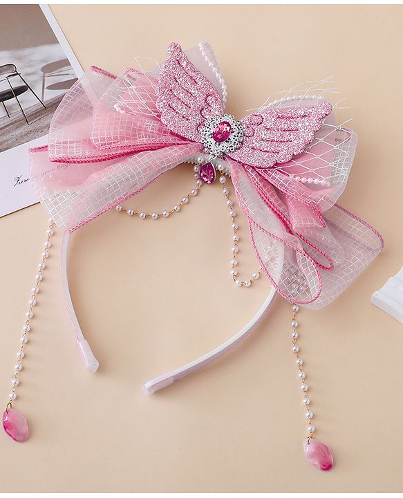 Babyhug Free Size Hair Bands With Pearl Detailing Bow Applique - Pink