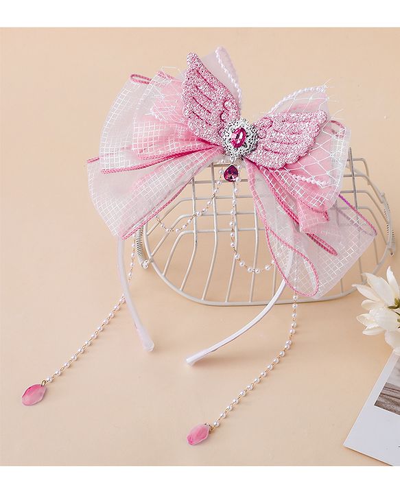 Babyhug Free Size Hair Bands With Pearl Detailing Bow Applique - Pink