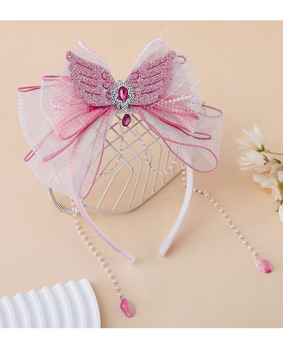 Babyhug Free Size Hair Bands With Pearl Detailing Bow Applique - Pink
