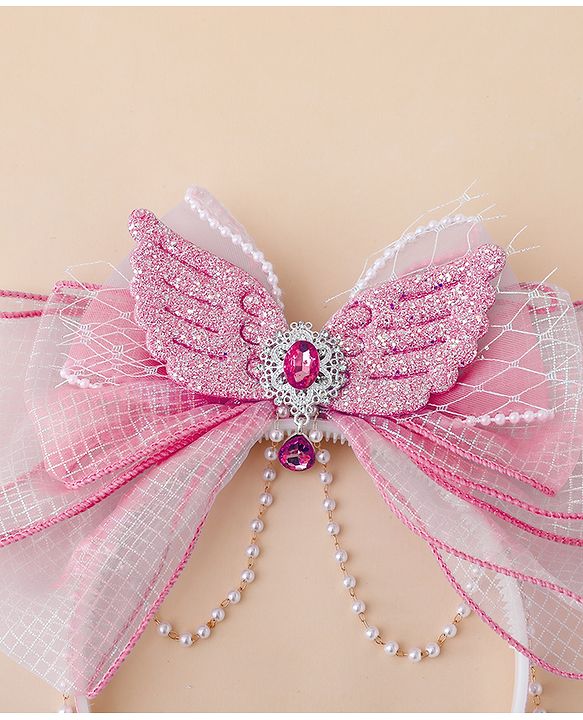 Babyhug Free Size Hair Bands With Pearl Detailing Bow Applique - Pink