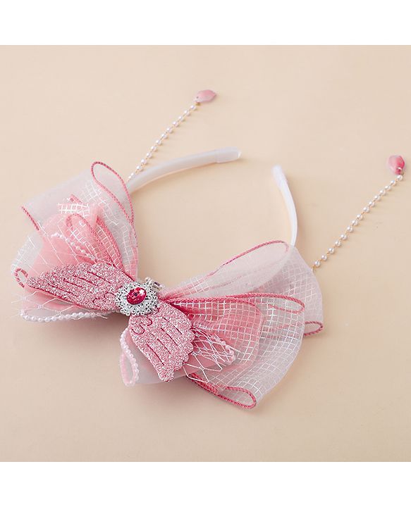 Babyhug Free Size Hair Bands With Pearl Detailing Bow Applique - Pink