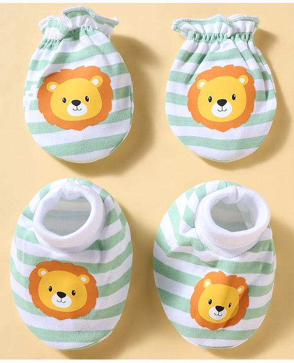 Babyhug 100% Cotton Knit Striped & Lion Printed Mittens & Booties Set - Light Green