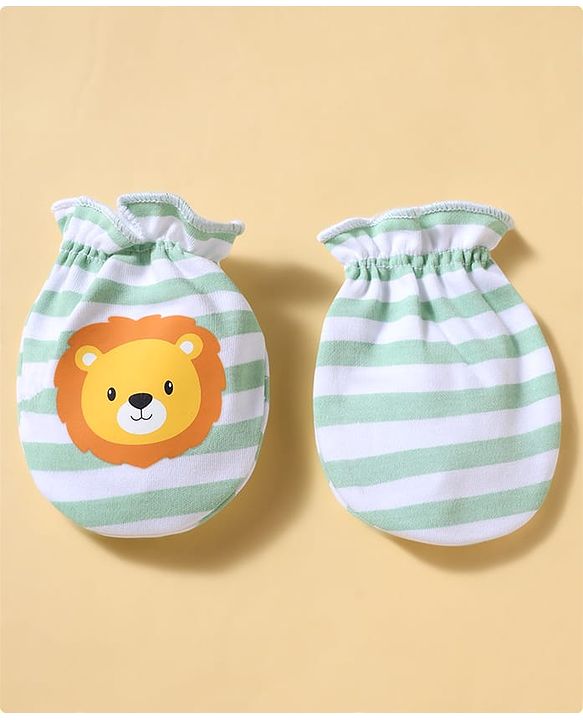 Babyhug 100% Cotton Knit Striped & Lion Printed Mittens & Booties Set - Light Green