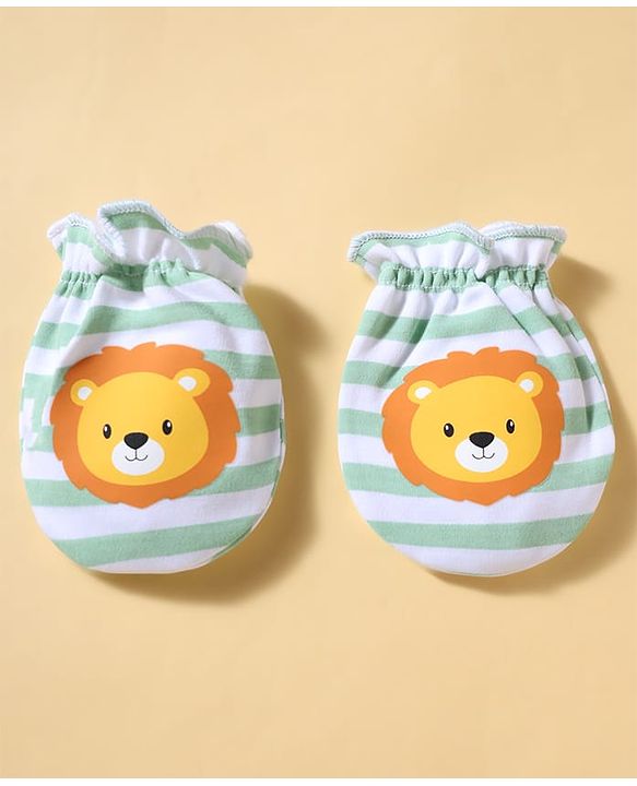 Babyhug 100% Cotton Knit Striped & Lion Printed Mittens & Booties Set - Light Green