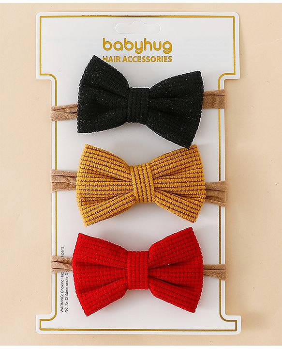 Babyhug Headband Bow Applique Free Size-Pack of 3-Red,Yellow,Black