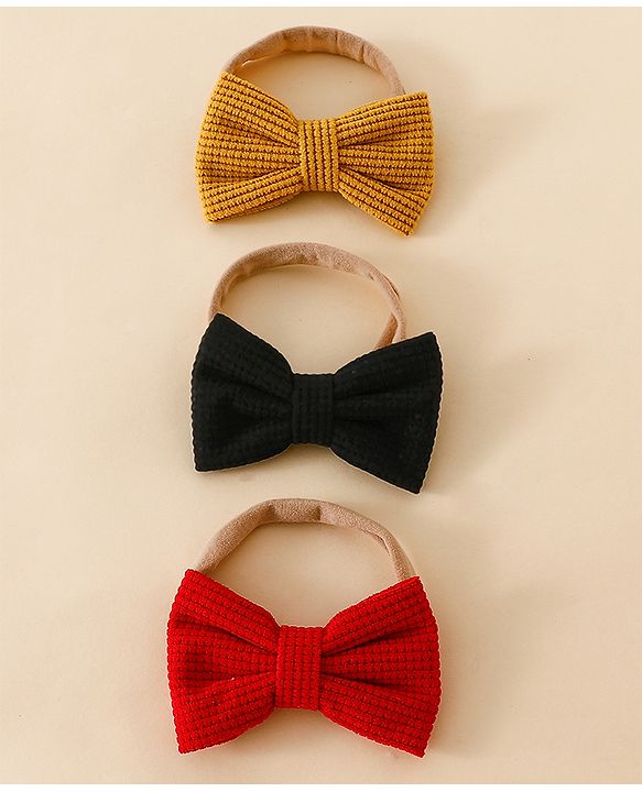 Babyhug Headband Bow Applique Free Size-Pack of 3-Red,Yellow,Black