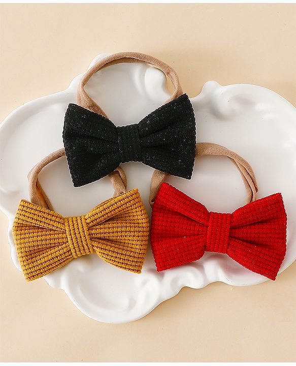 Babyhug Headband Bow Applique Free Size-Pack of 3-Red,Yellow,Black