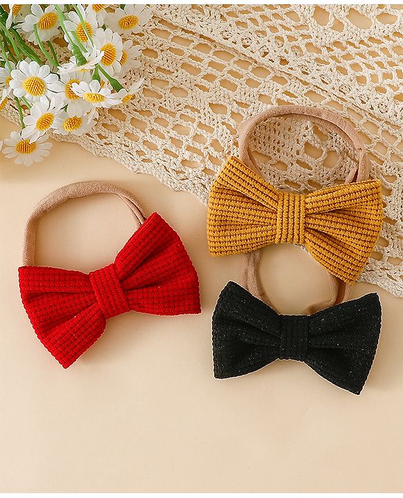 Babyhug Headband Bow Applique Free Size-Pack of 3-Red,Yellow,Black